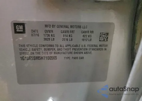 2017 Chevrolet Cruze Lt from USA, damaged, VIN 1G1BE5SM5H7100565